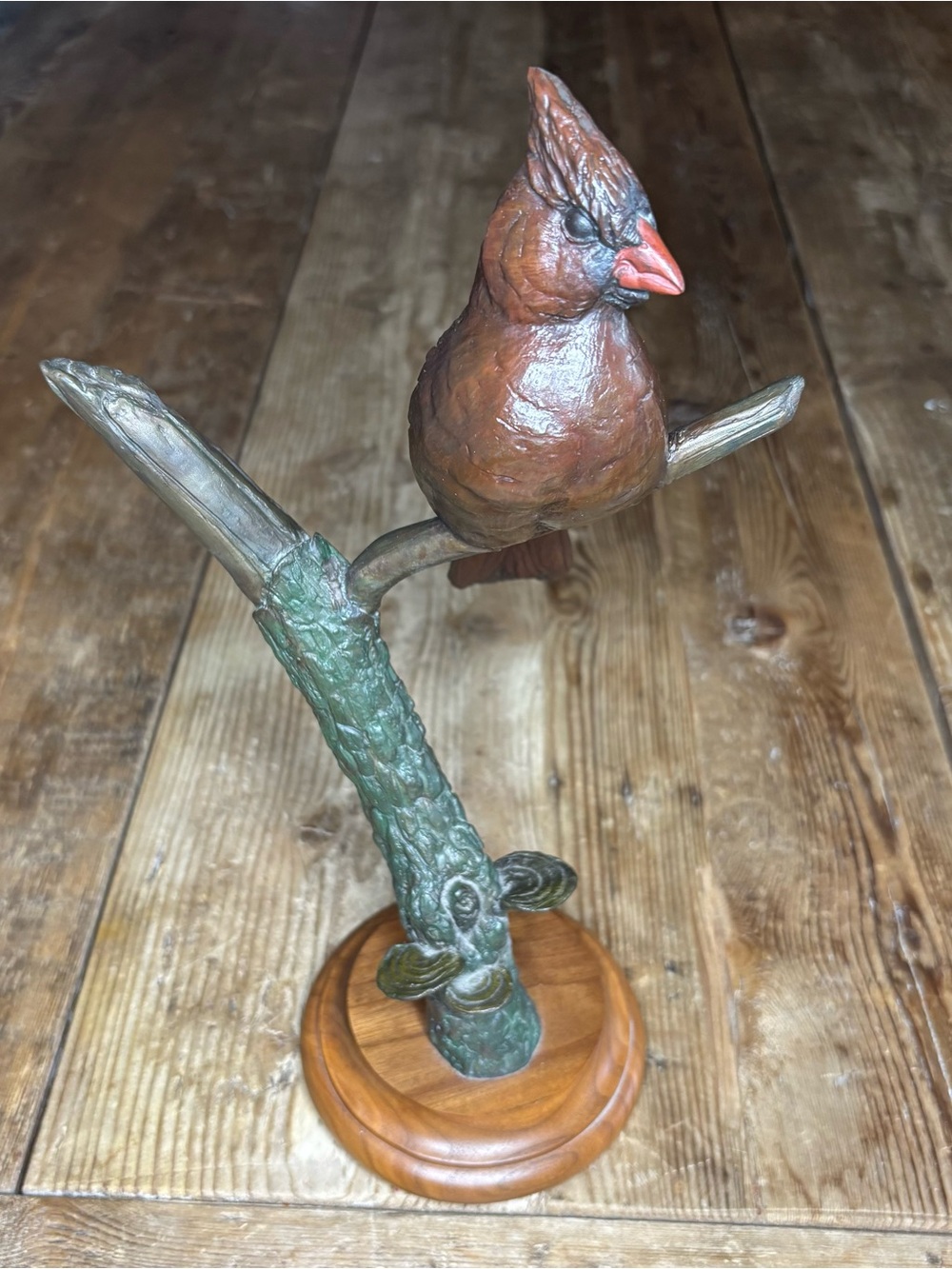 Bronze Cardinal Bird Sculpture on Branch Heavy 6 LBs